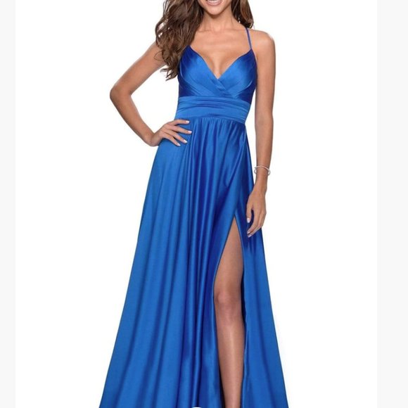 La Femme Dresses & Skirts - La Femme Royal Blue Satin Deep V-neck A-line Gown Formal Gown Prom Size 8